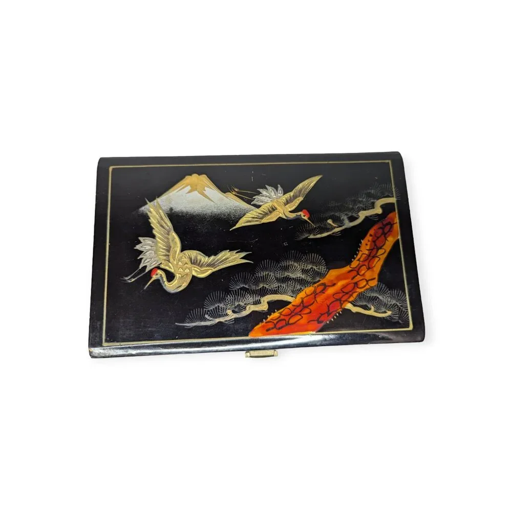 Vintage Betsons Original Japanese Hand Painted Wood Lacquered Lined Box w/Mirror